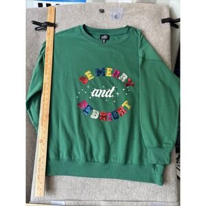 Feeling Festive Womens OX Sequined Green Sweatshirt 'BE MERRY AND BE BRIGHT'